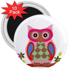 Owl Colorful Patchwork Art 3  Magnets (10 Pack)  by Nexatart