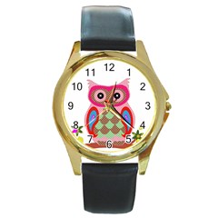 Owl Colorful Patchwork Art Round Gold Metal Watch by Nexatart