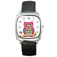 Owl Colorful Patchwork Art Square Metal Watch by Nexatart