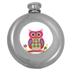 Owl Colorful Patchwork Art Round Hip Flask (5 Oz)