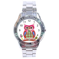 Owl Colorful Patchwork Art Stainless Steel Analogue Watch by Nexatart