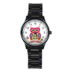 Owl Colorful Patchwork Art Stainless Steel Round Watch by Nexatart