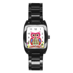 Owl Colorful Patchwork Art Stainless Steel Barrel Watch by Nexatart