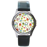 Cute Owl Wallpaper Pattern Round Metal Watch Front