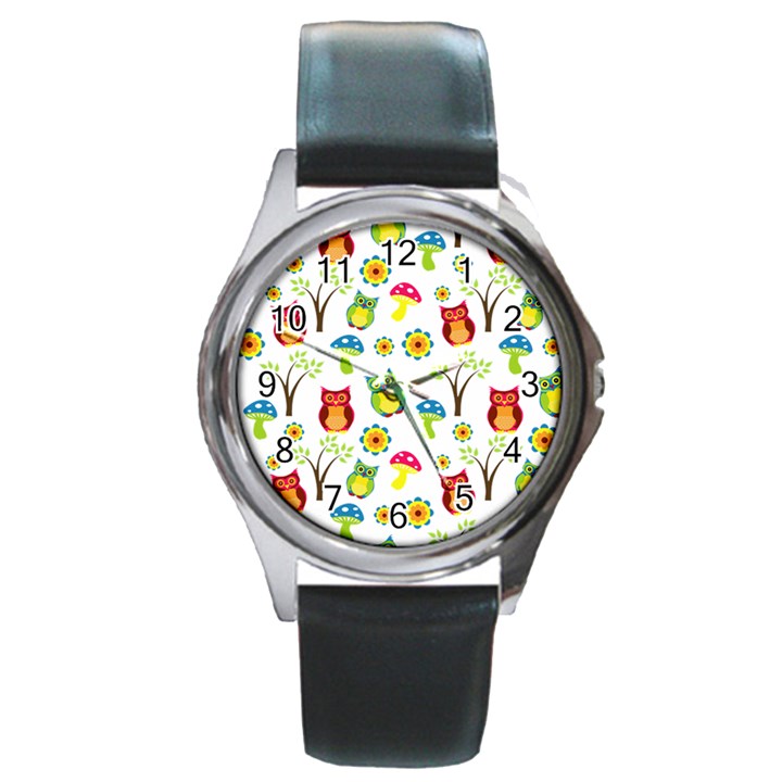 Cute Owl Wallpaper Pattern Round Metal Watch