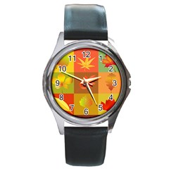 Autumn Leaves Colorful Fall Foliage Round Metal Watch by Nexatart