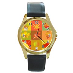 Autumn Leaves Colorful Fall Foliage Round Gold Metal Watch by Nexatart