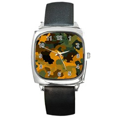 Background For Scrapbooking Or Other Camouflage Patterns Orange And Green Square Metal Watch