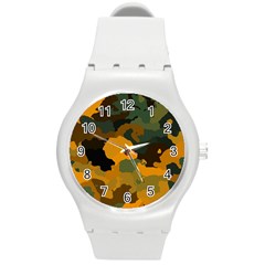 Background For Scrapbooking Or Other Camouflage Patterns Orange And Green Round Plastic Sport Watch (m) by Nexatart