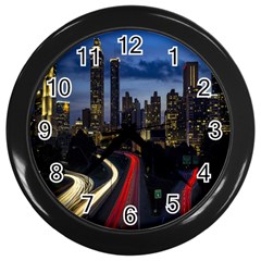 Building And Red And Yellow Light Road Time Lapse Wall Clocks (black) by Nexatart