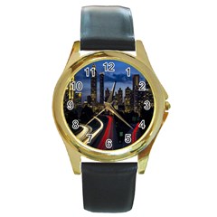 Building And Red And Yellow Light Road Time Lapse Round Gold Metal Watch by Nexatart