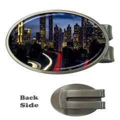 Building And Red And Yellow Light Road Time Lapse Money Clips (oval)  by Nexatart