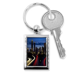 Building And Red And Yellow Light Road Time Lapse Key Chains (rectangle)  by Nexatart