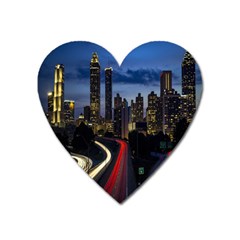 Building And Red And Yellow Light Road Time Lapse Heart Magnet by Nexatart