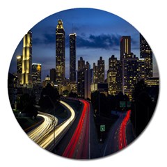 Building And Red And Yellow Light Road Time Lapse Magnet 5  (round) by Nexatart