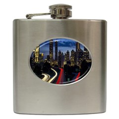 Building And Red And Yellow Light Road Time Lapse Hip Flask (6 Oz) by Nexatart