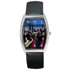 Building And Red And Yellow Light Road Time Lapse Barrel Style Metal Watch by Nexatart