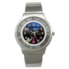 Building And Red And Yellow Light Road Time Lapse Stainless Steel Watch by Nexatart