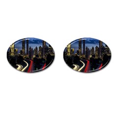 Building And Red And Yellow Light Road Time Lapse Cufflinks (oval) by Nexatart