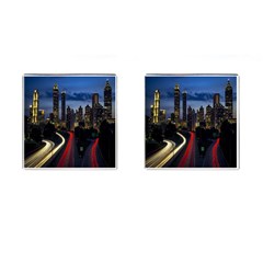 Building And Red And Yellow Light Road Time Lapse Cufflinks (square) by Nexatart