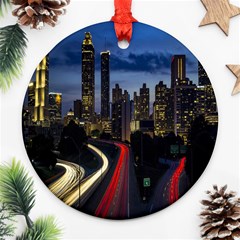 Building And Red And Yellow Light Road Time Lapse Round Ornament (two Sides)