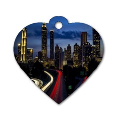 Building And Red And Yellow Light Road Time Lapse Dog Tag Heart (two Sides) by Nexatart