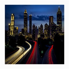 Building And Red And Yellow Light Road Time Lapse Medium Glasses Cloth by Nexatart