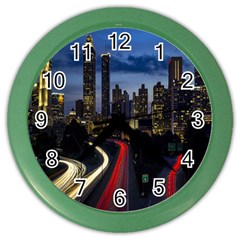 Building And Red And Yellow Light Road Time Lapse Color Wall Clocks by Nexatart