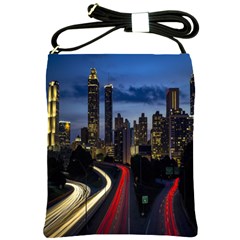 Building And Red And Yellow Light Road Time Lapse Shoulder Sling Bags by Nexatart