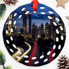 Building And Red And Yellow Light Road Time Lapse Ornament (round Filigree)