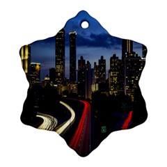 Building And Red And Yellow Light Road Time Lapse Ornament (snowflake) by Nexatart