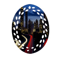 Building And Red And Yellow Light Road Time Lapse Ornament (oval Filigree)