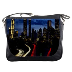 Building And Red And Yellow Light Road Time Lapse Messenger Bags by Nexatart