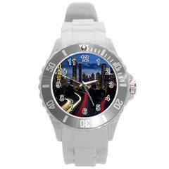 Building And Red And Yellow Light Road Time Lapse Round Plastic Sport Watch (l) by Nexatart