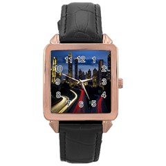 Building And Red And Yellow Light Road Time Lapse Rose Gold Leather Watch  by Nexatart