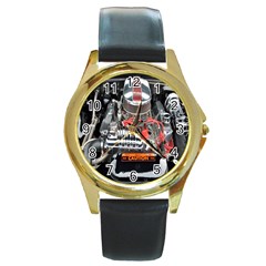 Car Engine Round Gold Metal Watch by Nexatart