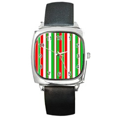 Christmas Holiday Stripes Red Green,white Square Metal Watch by Nexatart