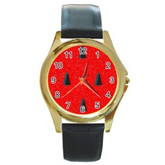 Christmas Time Fir Trees Round Gold Metal Watch by Nexatart