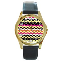 Colorful Chevron Pattern Stripes Round Gold Metal Watch by Nexatart