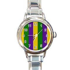 Mardi Gras Striped Pattern Round Italian Charm Watch by dflcprints