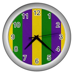 Mardi Gras Striped Pattern Wall Clocks (silver)  by dflcprints