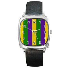 Mardi Gras Striped Pattern Square Metal Watch by dflcprints