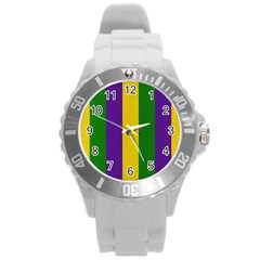 Mardi Gras Striped Pattern Round Plastic Sport Watch (l) by dflcprints