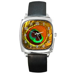 Peacock Feather Eye Square Metal Watch by Nexatart