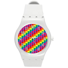 Rainbow 3d Cubes Red Orange Round Plastic Sport Watch (m) by Nexatart