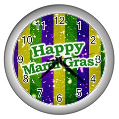 Happy Mardi Gras Poster Wall Clocks (silver)  by dflcprints