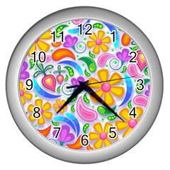 Floral Paisley Background Flower Wall Clocks (silver)  by Nexatart