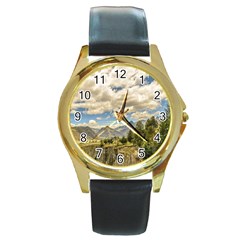 Valley And Andes Range Mountains Latacunga Ecuador Round Gold Metal Watch by dflcprints