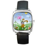 Easter Spring Flowers Happy Square Metal Watch Front