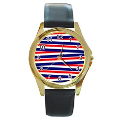 Red White Blue Patriotic Ribbons Round Gold Metal Watch by Nexatart